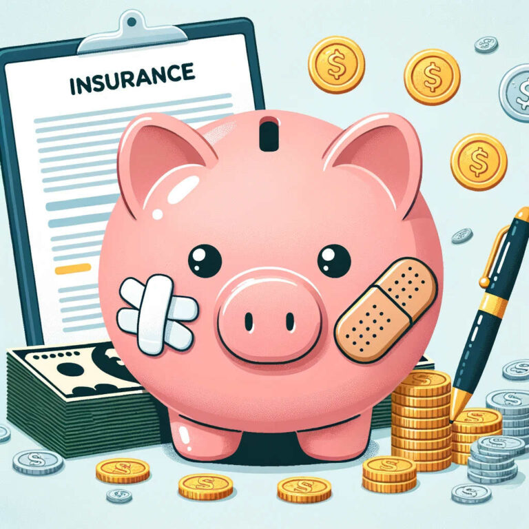Selbstbeteiligung bei Versicherungen. Sparschwein mit einem Pflaster, umgeben von Münzen und Banknoten. Im Hintergrund befindet sich ein verblassender Versicherungsvertrag.